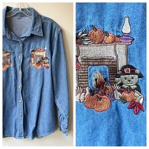 Vintage denim button down with fall Halloween Thanksgiving teddy bear embroidery